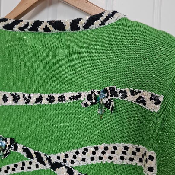 Vintage Design Options Cardigan Womens Med Green Sequins Beaded Glam Grandmacore - Picture 9 of 13